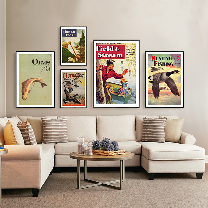 Outdoor Hunting Paintings - Affiche de pêche colorée vintage, chasse,